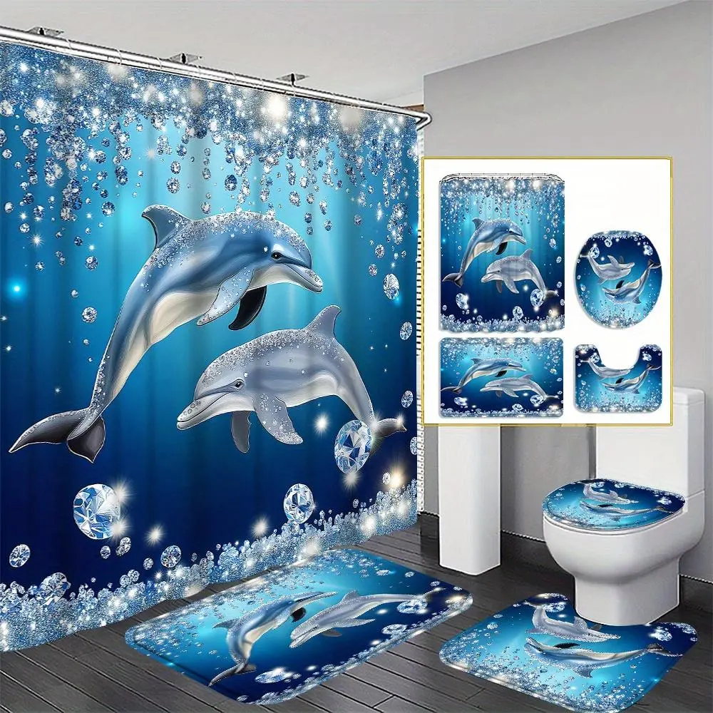 Flannel 4pcs-Full Bath Set with Dolphin Print - Shower Curtain, Bath Seat, Toilet Floor Mat, 12 Hooks, Modern Home Bathroom Decor, Housewarming Gift