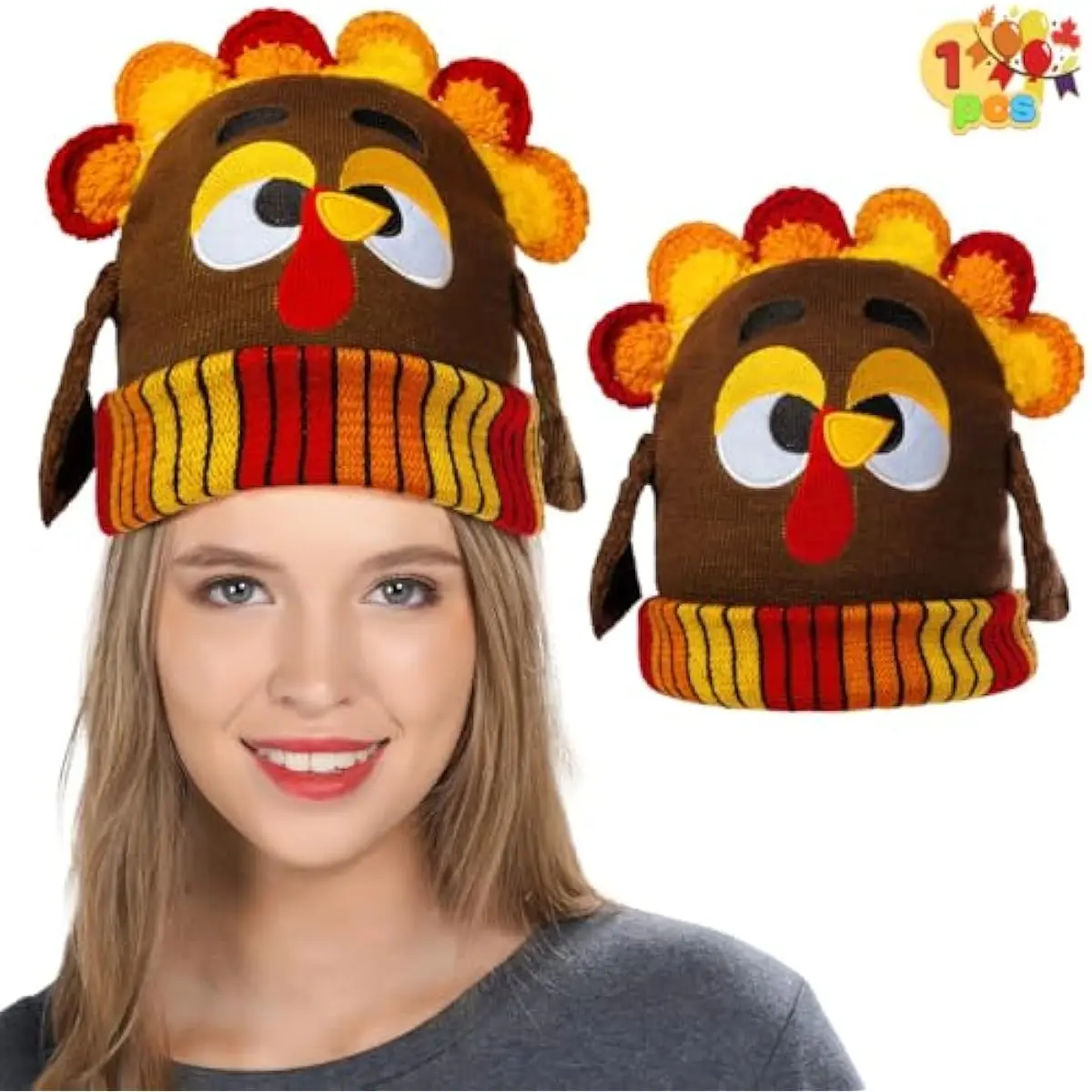 Thanksgiving Pom Turkey Beanie Knitted Hat, Thanksgiving Turkey Hat for Women & Man,Thanksgiving Novelty Hats,Thanksgiving Costume Hats, Halloween Costume Dress Up Hats,Thanksgiving Accessories