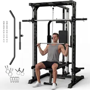 Smith Machine with Bench, Power Cage Squat Rack with Smith Bar, Heavy Duty LAT Pulldown System, Chest Station & More Training Attachment,Strengthen Training Home Gym Equipment(3 Boxes)
