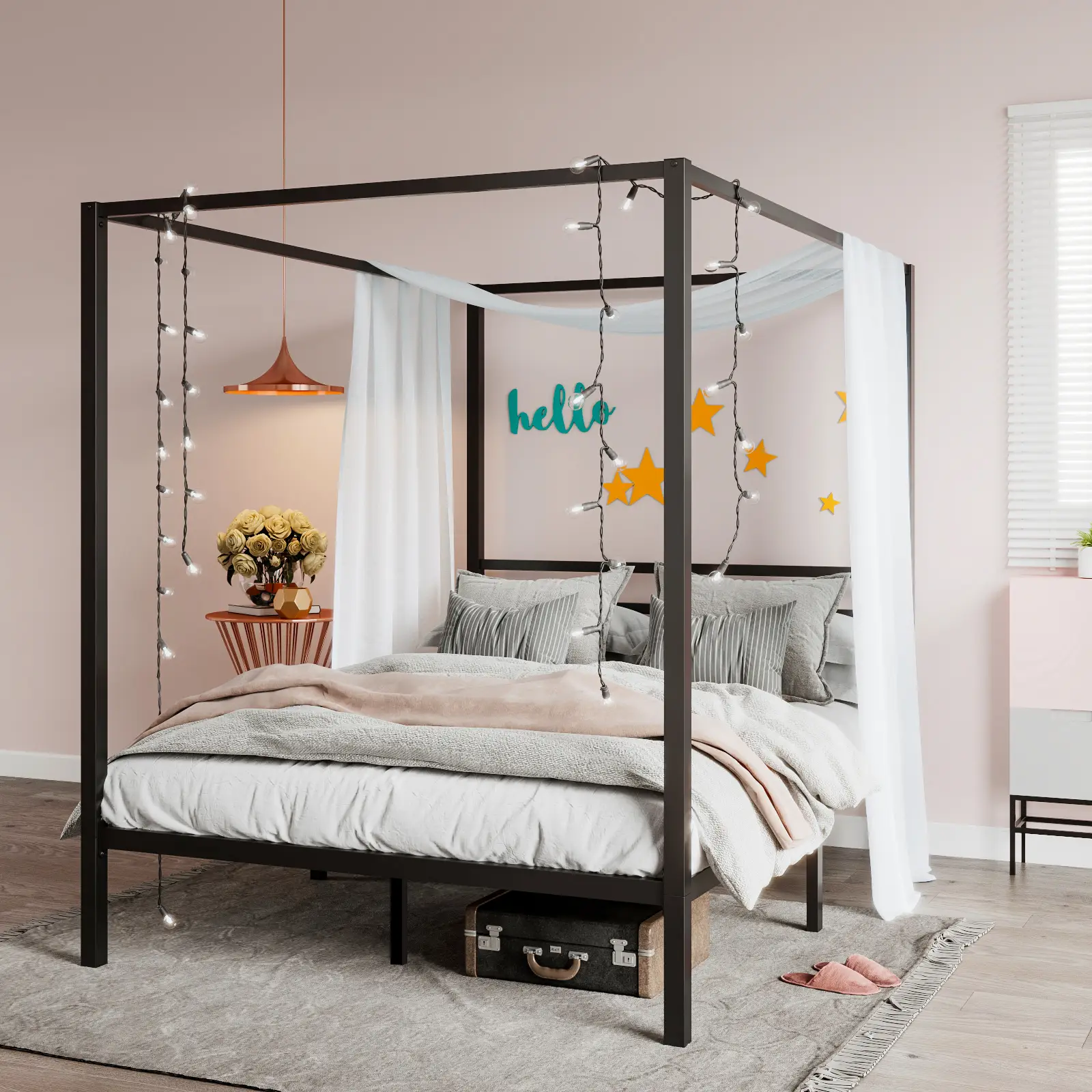 SHA CERLIN Metal Canopy Bed Frame【Frame Only No Mattress】 Full/Queen Size Frame Base with Metal Slats Support/No Box Spring Needed#TikTokShopfalldeals