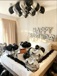 41pcs Silver & Black Birthday Decoration Set with Happy Birthday Banner Letters Love Heart Foil Balloons Thick Latex Balloons Dark Aesthetic Party Background for Romantic Bedroom Decor
