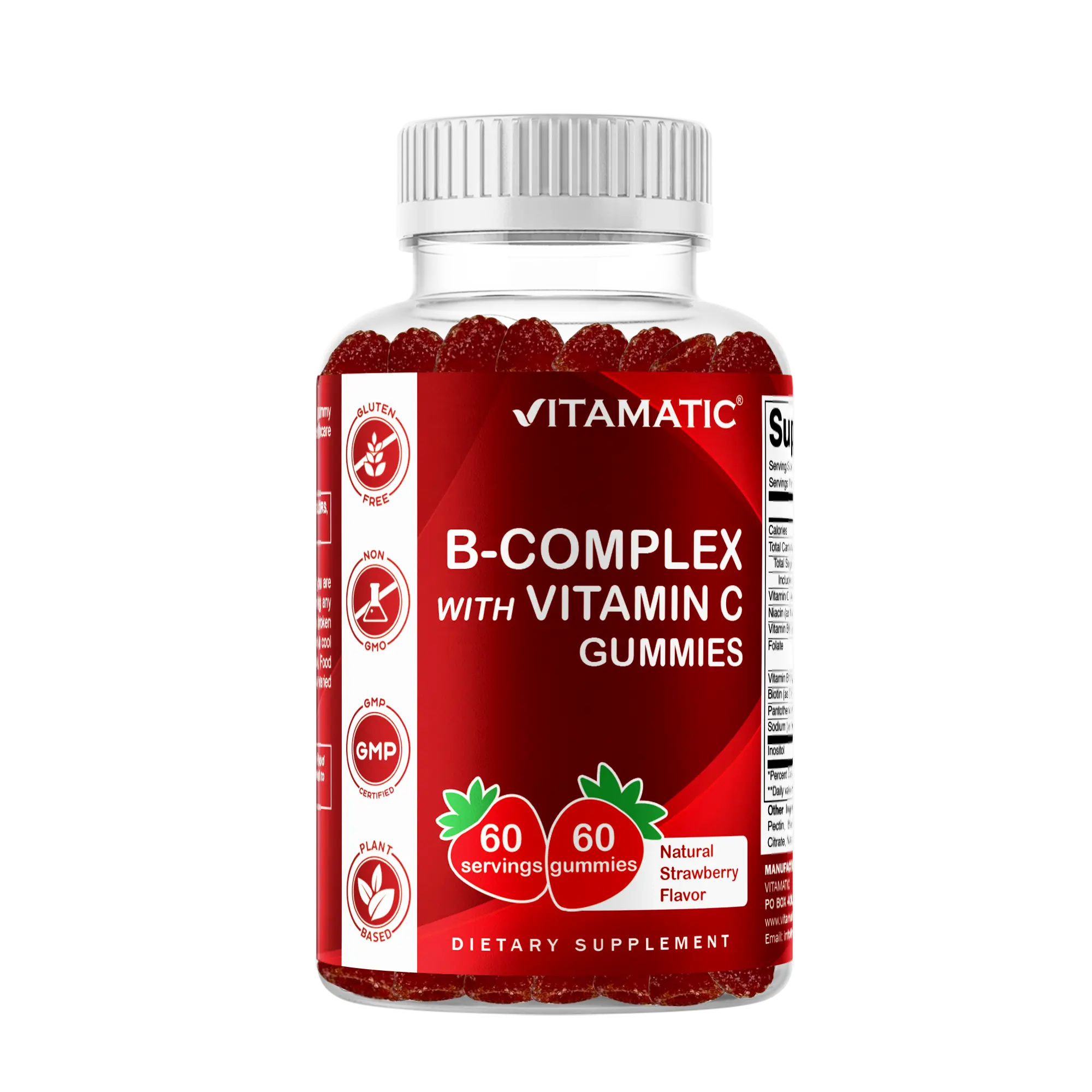 Vitamatic B-Complex Chewable Gummy Dietary Supplements - 60 Pieces, Natural Strawberry Flavor, with Vitamin C, Inositol, Biotin, B12 & B6, Gluten Free, Non-GMO, Vegan, US-Made, Boosts Energy, Supports Metabolism & Selfcare