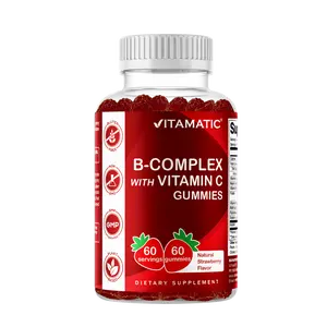 Vitamatic B-Complex Chewable Gummies with Vitamin C, Inositol, Natural Strawberry Flavor - 60 Count, Non-GMO, Gluten Free, Vegan Friendly US Dietary Supplement for Energy & Metabolism Support