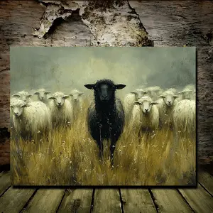 1 Piece of Rustic Wooden Frame Canvas Art Print, Black Sheep in White Wall Decoration, Suitable for Living Room, Home, Office-Charming Farmhouse Style, Christmas, New Year, Anniversary, Back to School, Beach Party, ideal for Bohemian Style Decoratio