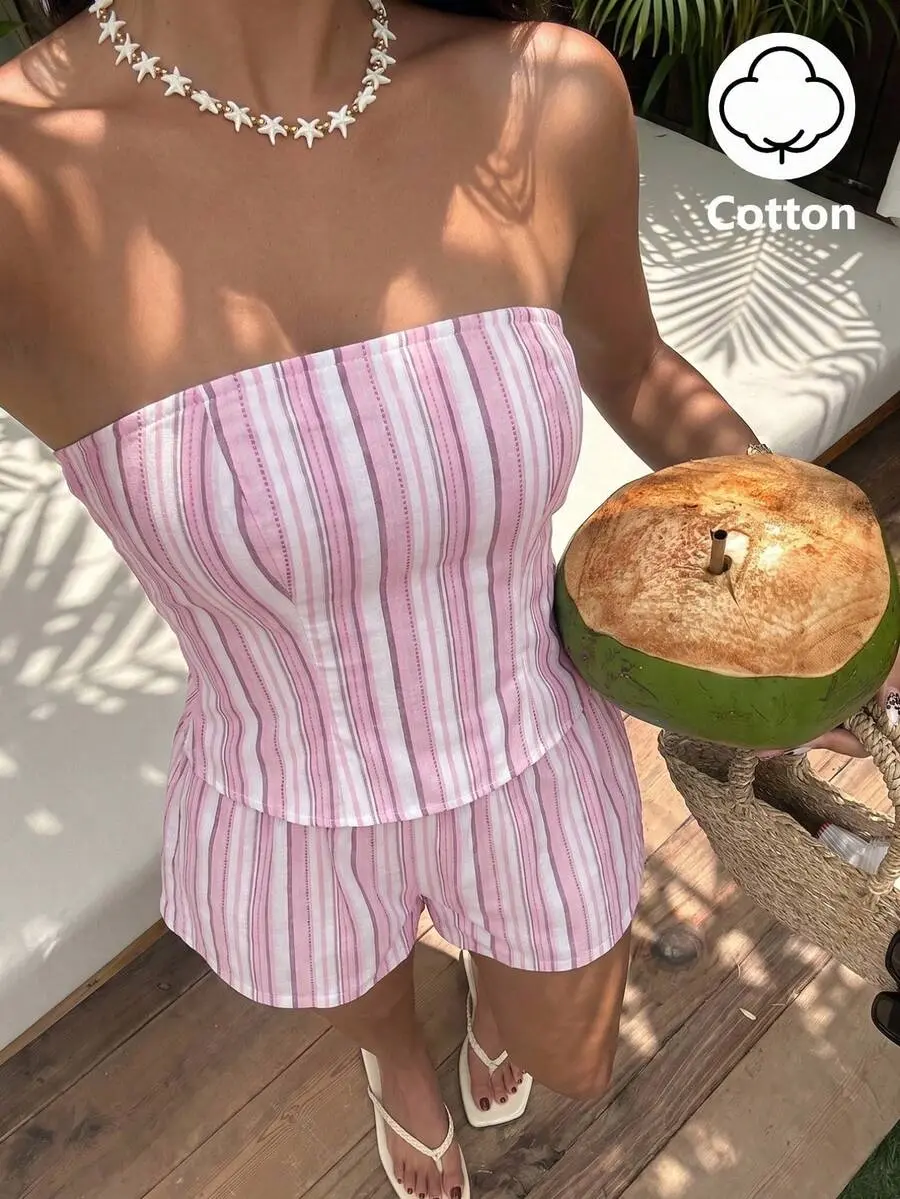 YULENA Pink White Striped Cotton Bandeau Backless Fitted Top and Shorts 2 Piece Set Vintage Tropical Boho Elegant Casual Outfit for Women