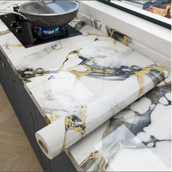 Marble Look Self-Adhesive Peel-and-Stick Wallpaper - Waterproof, Heat-Resistant, Removable Wall Paper for Kitchen Cabinets, Countertops