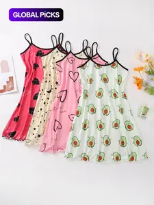 Women's Cute Cartoon Heart Print Contrast Binding Cami Nightdress, Casual Soft Comfortable Sleeveless Nightgown for All Seasons, Lady's Sleepwear for Indoor Wear