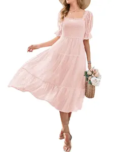 ZEAGOO Women's Puff Sleeve Summer Boho Midi Dress Ruffle Flowly Swiss Dot Square Neckline Tiered Tie Strap Dress summerwins
