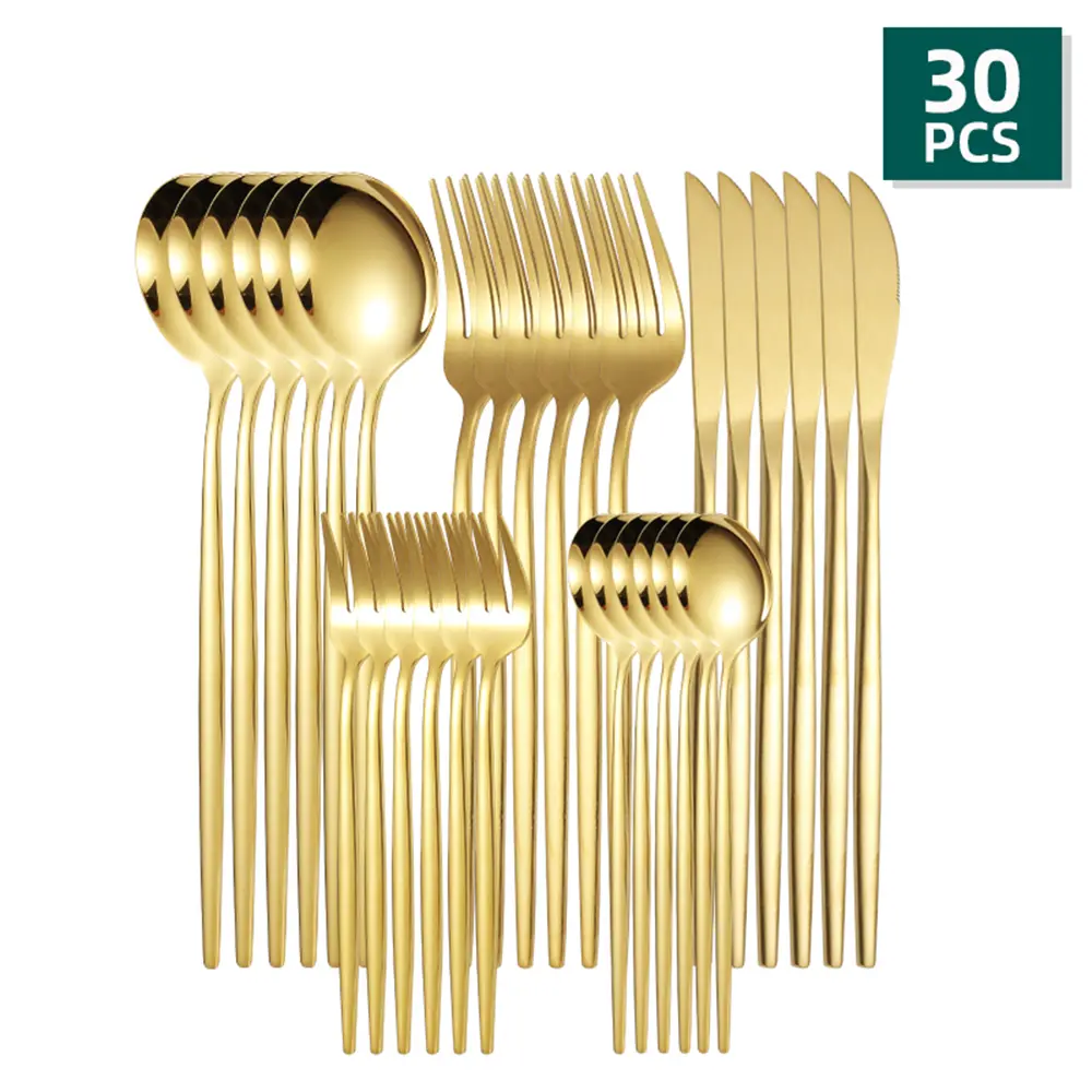 30-Piece Stainless Steel Gold Portuguese Cutlery Set, Stylish Tableware Set for Family Gatherings, Holiday Parties, Wedding Essentials Utensils (30pc for parties)
