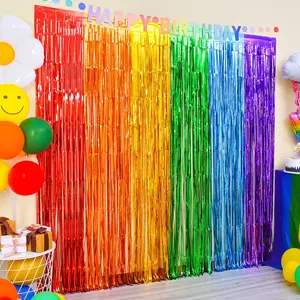 Rainbow Party Decorations, 2 Pack 3.3x6.6ft Pride Decorations, Cartoon Birthday Decor Foil Fringe Curtains Rainbow Theme Backdrop, Streamers Photobooth Prop for Happy  Graduation