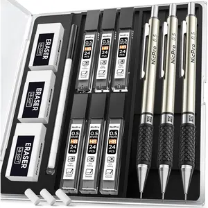 Nicpro RG1000 0.5 mm Art Mechanical Pencil Set in Storage Case, 3 PCS Metal Drafting Pencil Lead Pencil with 6 Tube HB Refills, 3 Erasers, 9 PCS Eraser Refills for Artist Writing, Drawing, Sketching