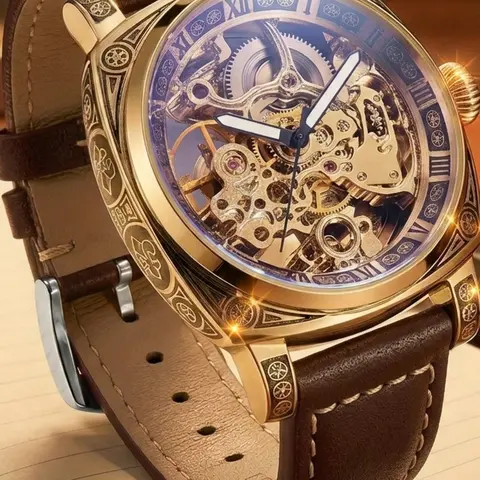 Men's Business Style Night Light Floral Automatic Tourbillon Open Heart Mechanical Watch, Analog Watches, Dial, Round Face, Buckle Closure, Elegant Watch #GLOBAL PICKS