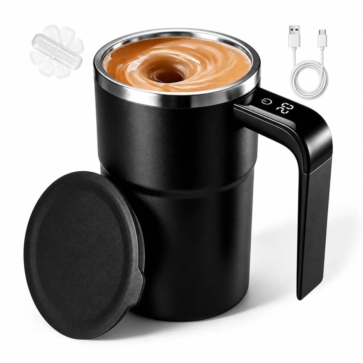 Self Stirring Coffee Mug, Rechargeable Self Stirring Mug with 7000 RPM Temperature Display 316 Stainless Steel, Waterproof Automatic Mixing Cup for Coffee Milk Cocoa Beverages, Black
