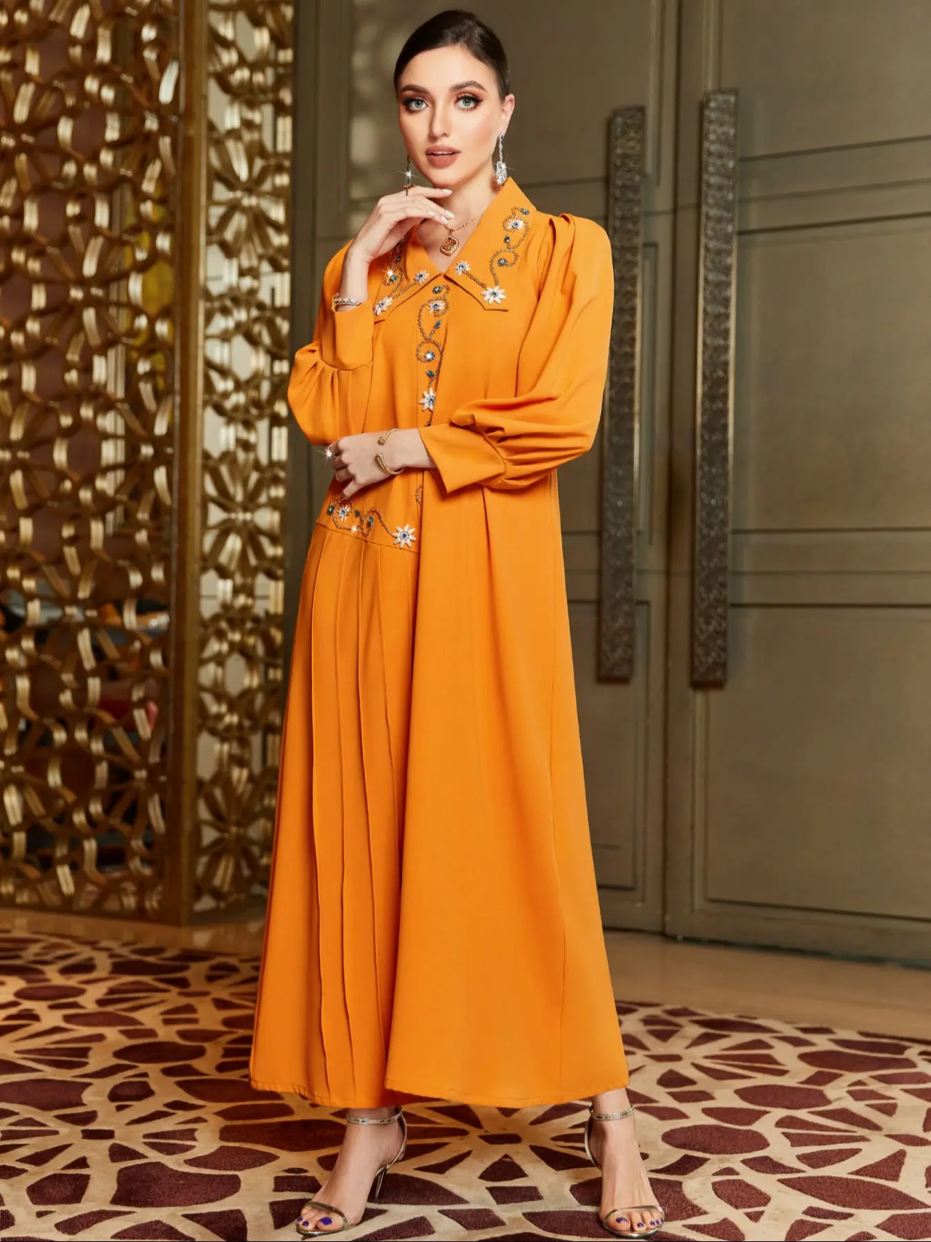 Women's Long Robe Dress, Long Sleeve, Fitted, Handmade Embroidered Water Drill Design, Casual Chic Womenswear Ladies' Clothing, Perfect for Daily Wear & Relaxing Moments