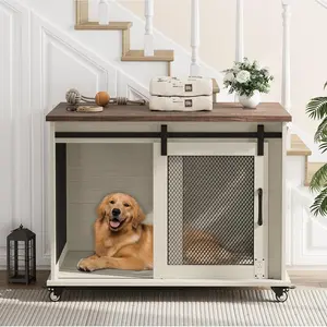 37 Inch Farmhouse Dog Crate Furniture, Wooden Dog Kennel End Table with Sliding Barn Door, Wheels & Flip Top, Removable Divider Pet Cage for Small to Medium Dogs, Dark Color