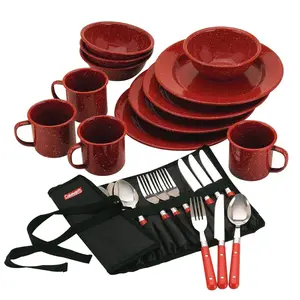 24-Piece Enamel Dinnerware Set for Outdoor Dining, Dishwasher Safe, Full Dinnerware & Flatware Set for 4 People