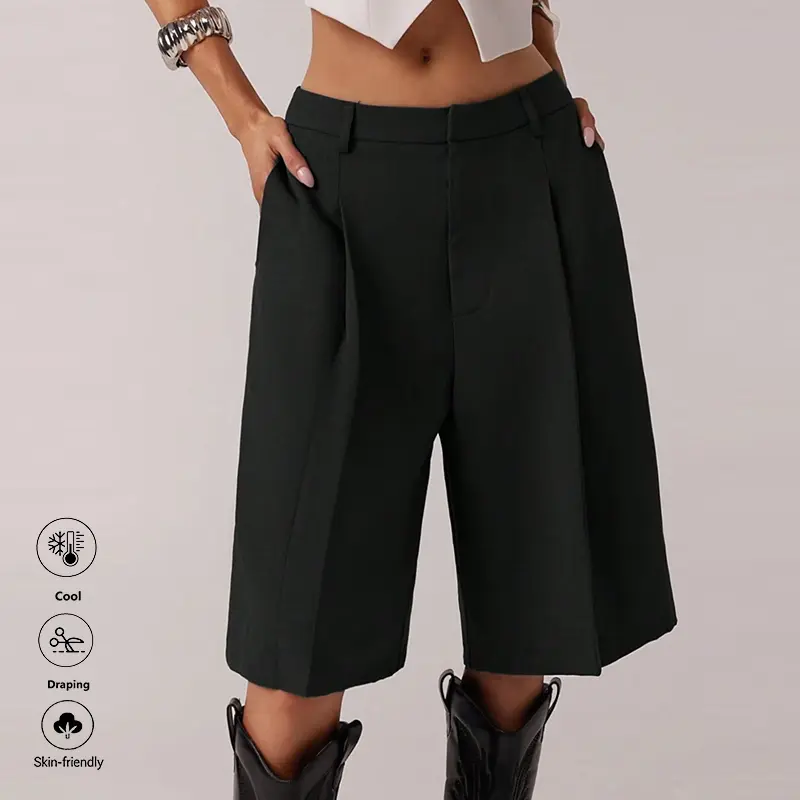 LIFE KEEPS MOVING women’s black suit shorts (runs large—order smaller), loose ruched summer casual shorts, knee-length dress shorts for business casual wear, made from skin-friendly, breathable, soft, and comfortable material, quick-drying technology for