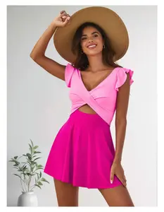 Swim Dress for Women Two-Tone Ruffle - V Neck Bathing Suit Cutout Tummy Control Swimwear Plus Size Beach Pool Summer Casual