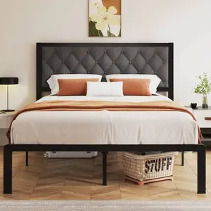 Queen Bed Frame with Tufted Headboard Metal Platform Bed Frame with Under-Bed Storage All Metal Support System No Box Spring Needed Noise-Free Easy Assembly Dark Grey