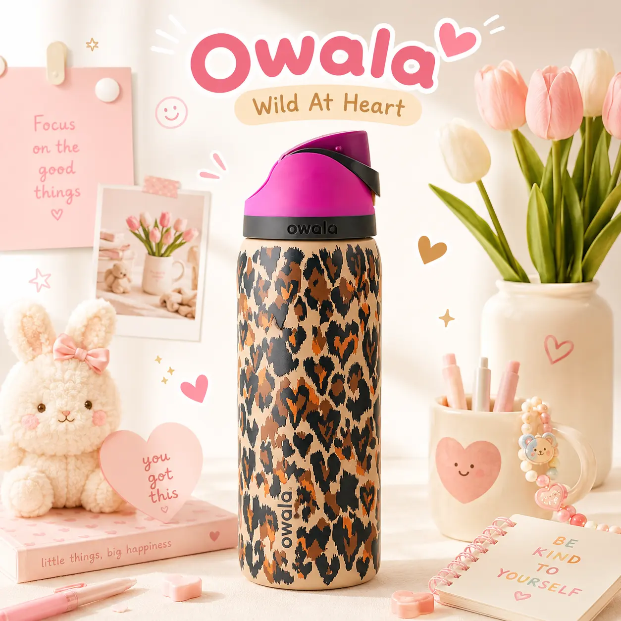 Owala UO Exclusive Wild At Heart 32oz FreeSip Water Bottle, Leopard Print Insulated Stainless Steel Bottle, Pink Lid, Leakproof BPA-Free Tumbler