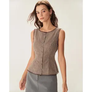 Brown Plaid Single Breasted Vest