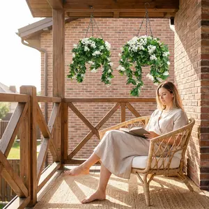 15" Faux Crepe Myrtle Hanging Flower Baskets – Realistic Artificial Hanging Flowers for Porch, Patio & Balcony Decor (Set of 2)