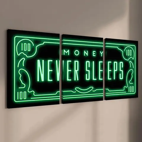 Money Neon Letter Pattern Framed Canvas Painting, 3 Counts Wall Decor, Wall Art for Home Living Room Bedroom Office, Decorative Artwork