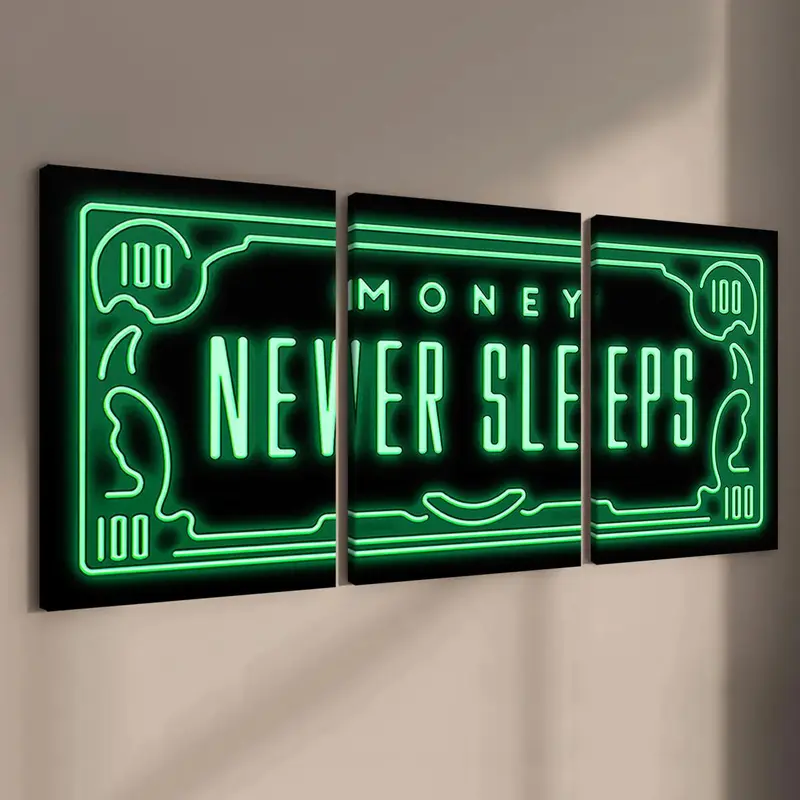 Money Neon Letter Pattern Framed Canvas Painting, 3 Counts Wall Decor, Wall Art for Home Living Room Bedroom Office, Decorative Artwork