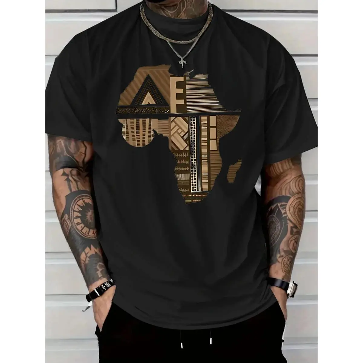 Men's African Map Tribal Graphic Cotton T-Shirt - Menswear, Soft Fabric, Round Neck, Short Sleeve, Regular Fit, Beige/Brown/White, Ethnic Sports Top, Casual Outdoor Streetwear (Machine Washable), Ethnic Sports T-Shirt, Casual Athletic Sports T-Shirt