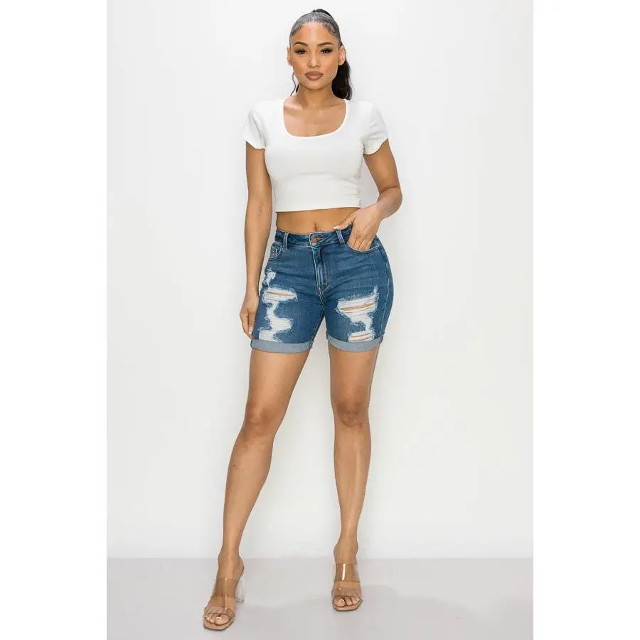 Nancy - High Rise Destructed Rolled Midi Shorts