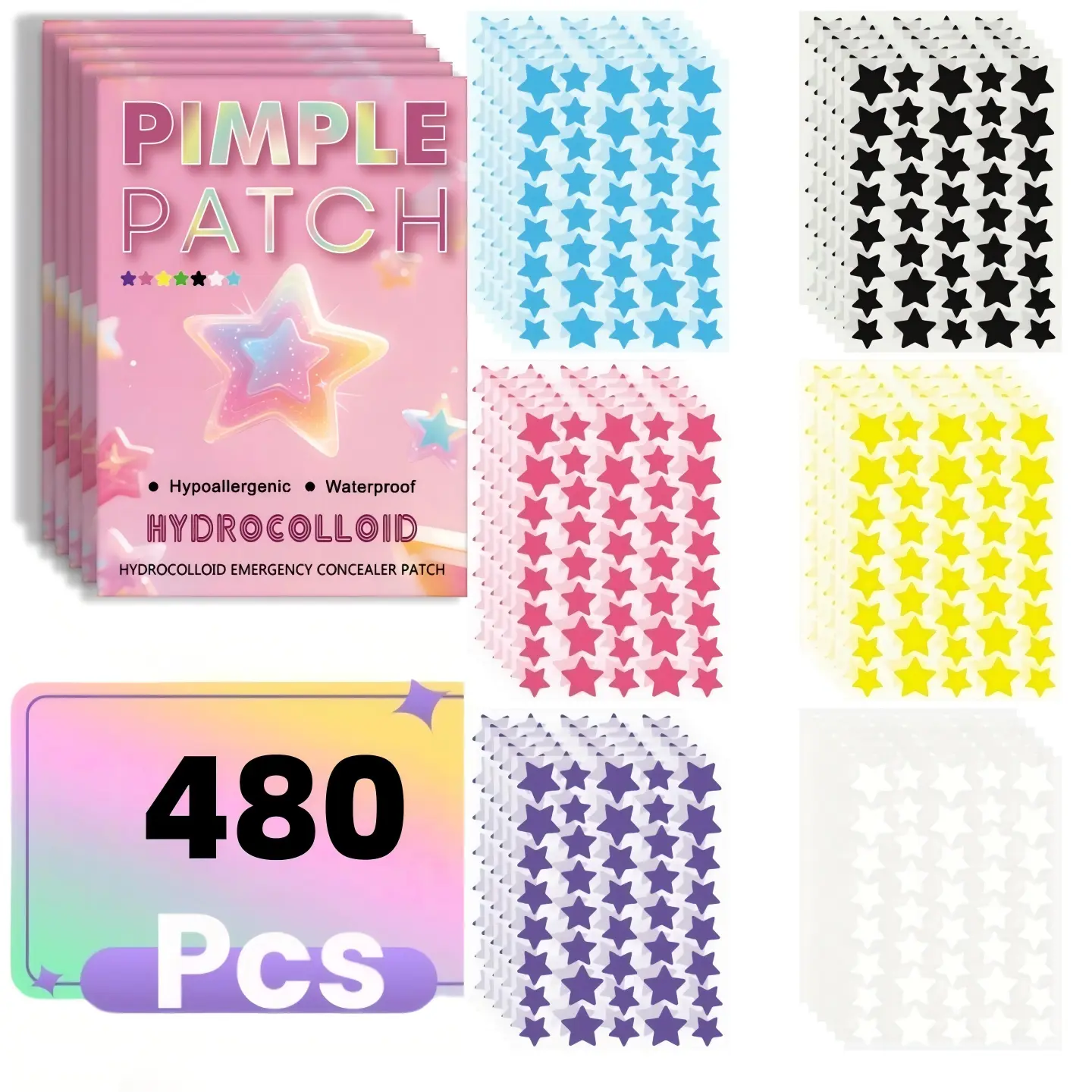 480 Count Hydrocolloid Acne Patches, Star Shaped Pimple Patches for Face, Blemish Spot Stickers, Alcohol-Free, Odorless, Gentle Acne Cover Patches for All Skin Types