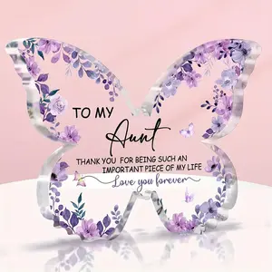 Butterfly Design Acrylic Ornament, 1 Count Flower & Letter Pattern Desktop Decoration, Gift for Aunt, Home Decor for Living Room Bedroom, Acrylic Plaque Decor, Decorative Plaque