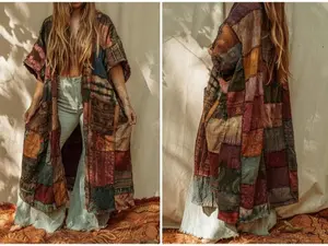 Fall Hippie Boho Men’s Women’s Patchwork Cotton Kimono, Grunge Style Artist Smock, Open Face Jacket Earthy Shawl, Recycled Cardigan XS-4X