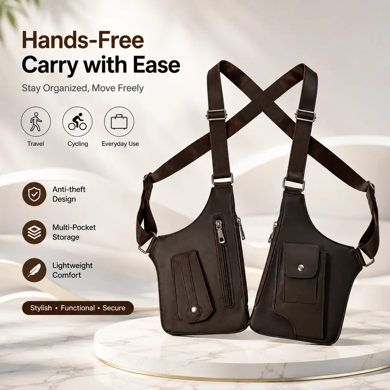 Premium Leather Anti-Theft Water-Resistant Underarm Crossbody Bag - Adjustable Casual Chest Bag for Cellphone, Travel Cycling Hiking Daily Use, Bags Crossbody