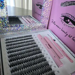 Bella Mirror Lash Complete Eyelash Extension Kit - Professional DIY Eyelashes Kit with Glitter Accents, Brush, Pink Storage Case & Tools, Lightweight Compact Beauty Products for Pros