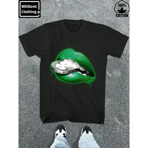 Premium Cotton Lucky Green Lips Print T Shirt for Men Vintage Heavyweight Christmas Casual Wear