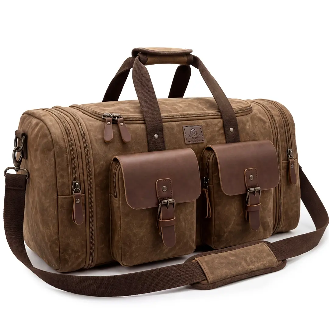Densata Vintage Waxed Canvas Travel Duffle Bag for Men - 50-60L Extended Expandable Carry On Luggage, Overnight Weekender, Durable Waterproof Lightweight Portable Convertible Crossbody Handbag with buffer ft base, Unique Gifts for Man (Family Trip Use), B