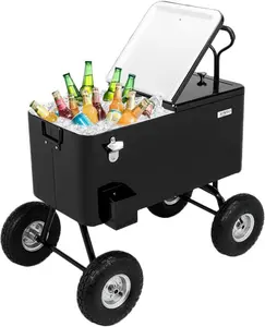 VINGLI 80 Quart Wagon Rolling Cooler Ice Chest, w/Long Handle and 10" Wheels, Portable Beach Patio Party Bar Cold Drink Beverage, Outdoor Park Cart on Wheels