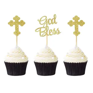 12/24Pcs God Bless and Baptism Cupcake Toppers Glitter Cross God Bless Cupcake Picks for First Communion Baptism Party Cake Decorations Supplies Gold