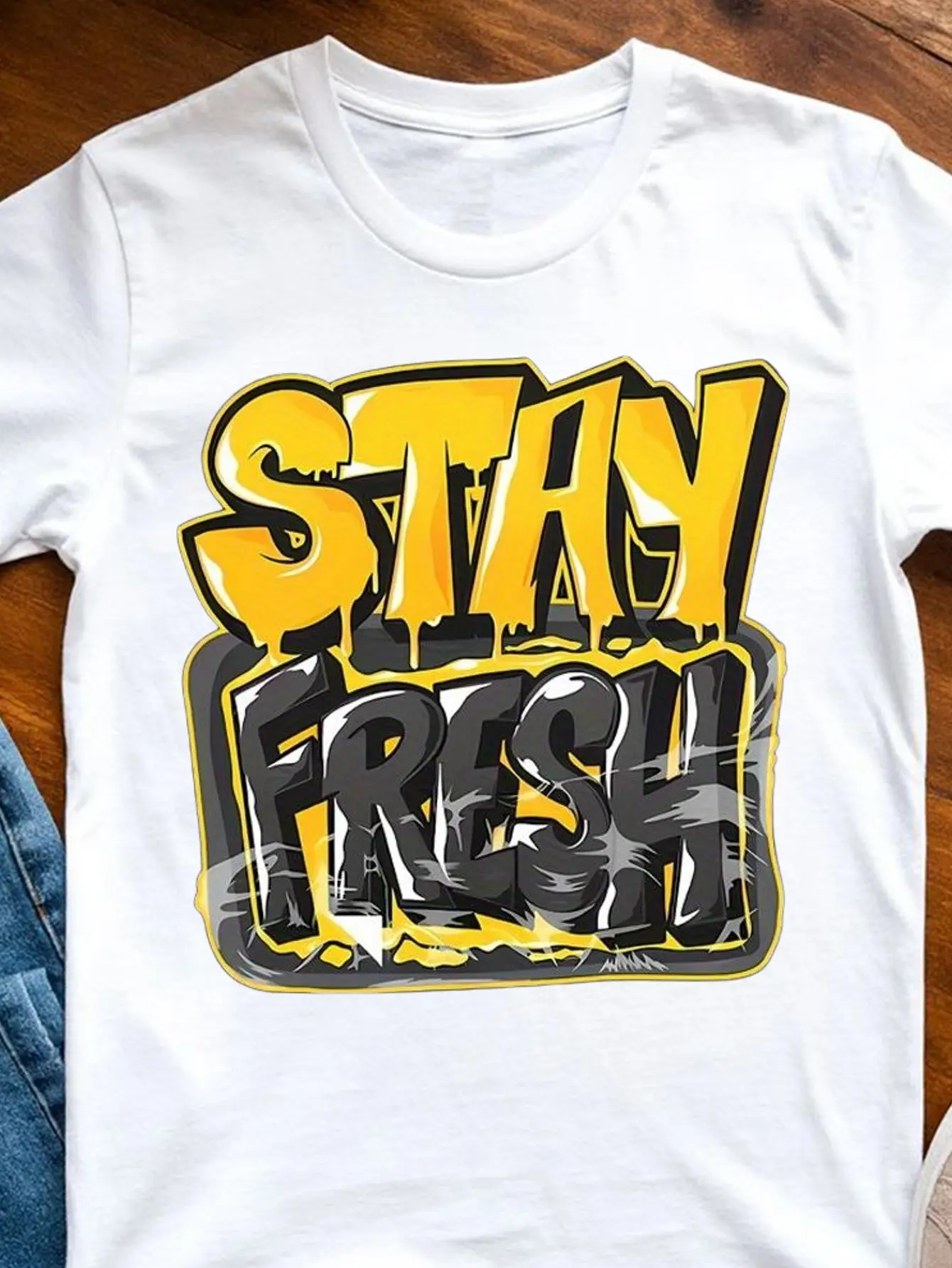 Mens Graphic T-Shirt Black with Bold Yellow Graffiti Letter Print, Short Sleeve Crew Neck, Casual Regular Fit