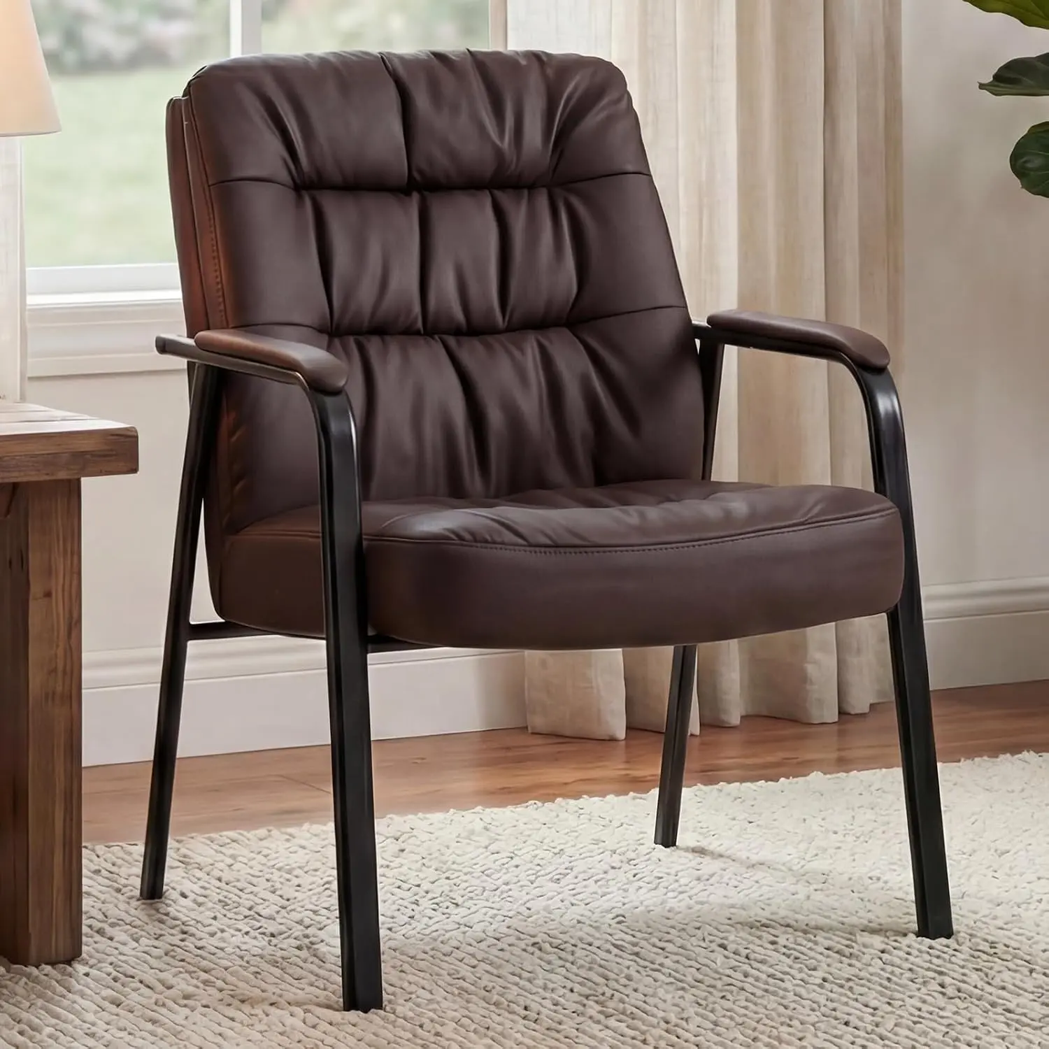 PU Leather Desk Chair With Armrests, 500 LBS Heavy Duty Metal Frame, Brown And Black Modern Design For Office Reception And Waiting Room