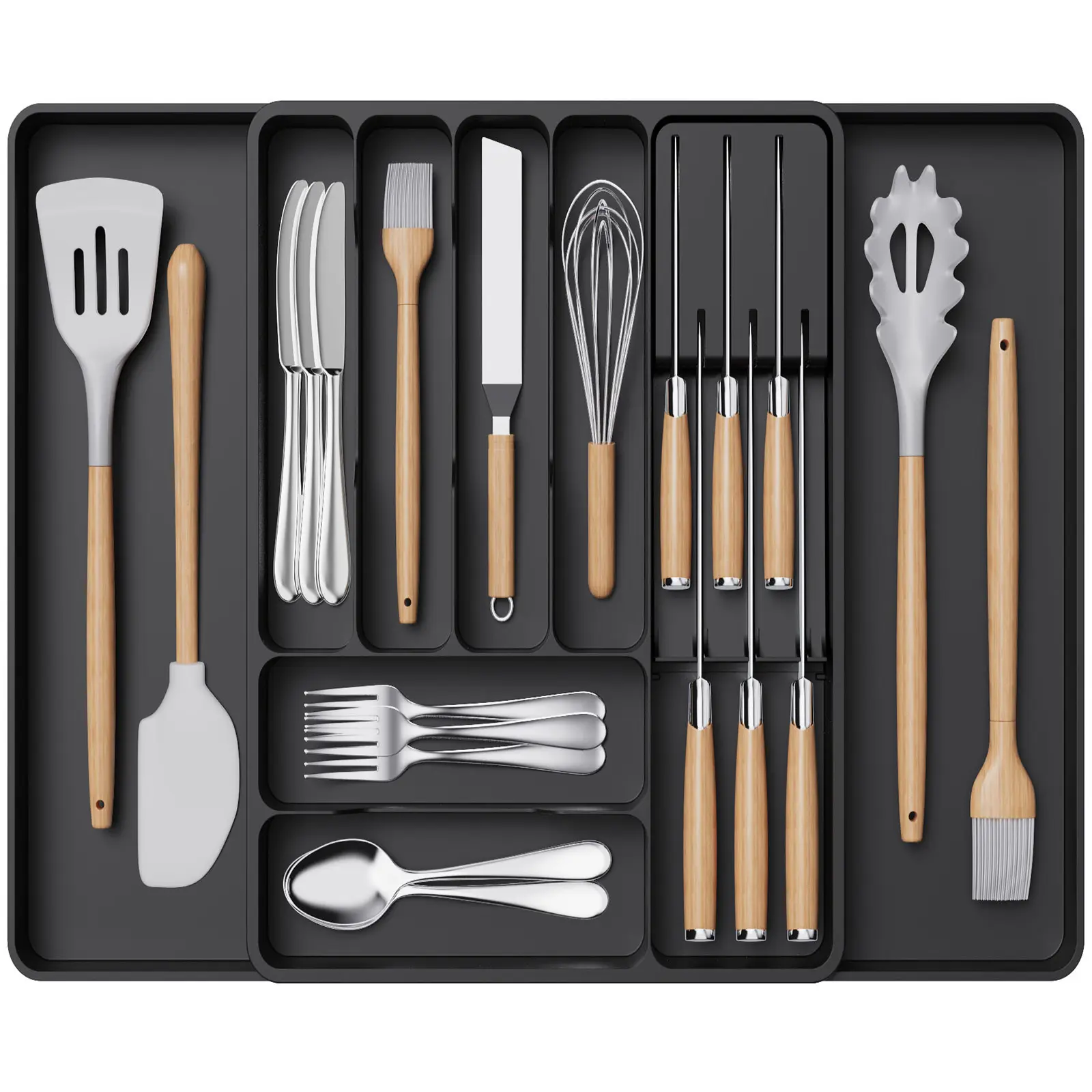 Lifewit Food-Grade BPA-Free Plastic Kitchen Drawer Silverware Organizer - Expandable Size Utensil Tray with Removable Block, Durable Material, Efficient Sorting for Knives & Flatware, Modern Rectangle Design, Drawer-Compatible Holder, Boxes, Drawer Size