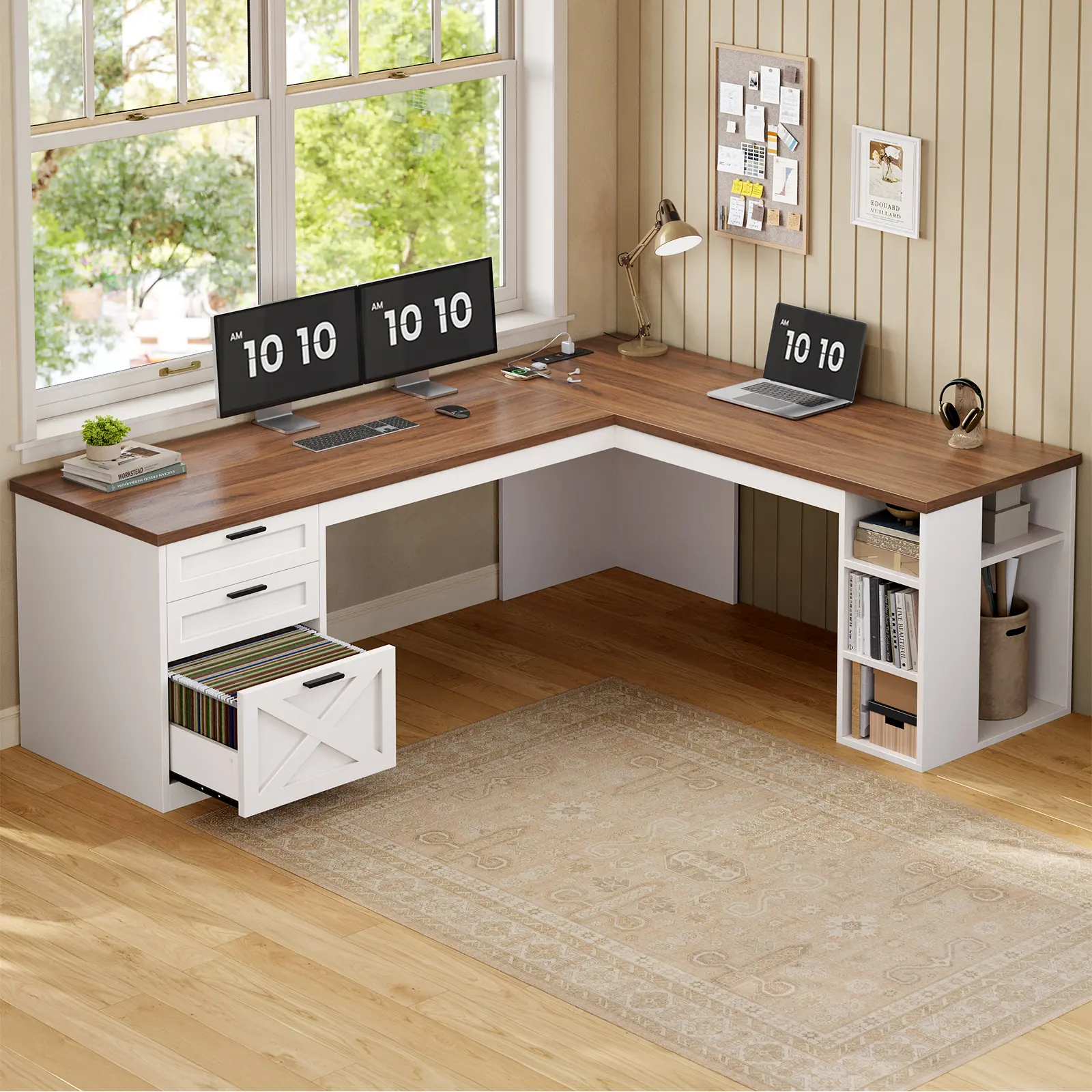 Sedeta 67" L-Shaped Modern Farmhouse Wood Computer Desk - Commercial Office Furniture, 3 Easy Drawers, Monitor Shelf, Power Outlets, Stable Base, White Durable Wood Workstation, 67"l x 55"d, Desk for Bedroom, Assembly Required