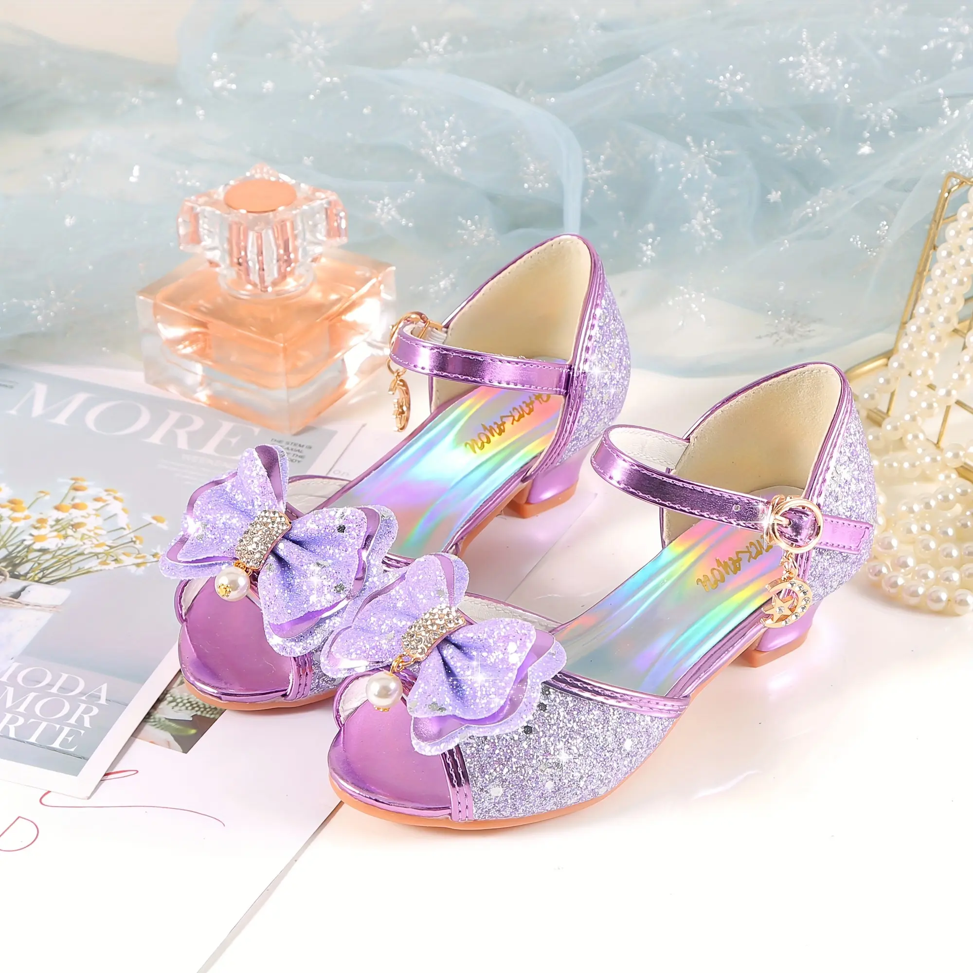 2024 New Summer PU Leather Little Girls' Open-Toe High Heel Sandals - Princess Look, Bow Accent, Rubber Sole, Multi-Size, Synthetic Upper