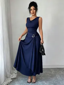 A fashionable Elegant blue waist cinching dress for women, with a high waisted cut that accentuates curves, suitable for commuting to work, shopping, and outdoor wear