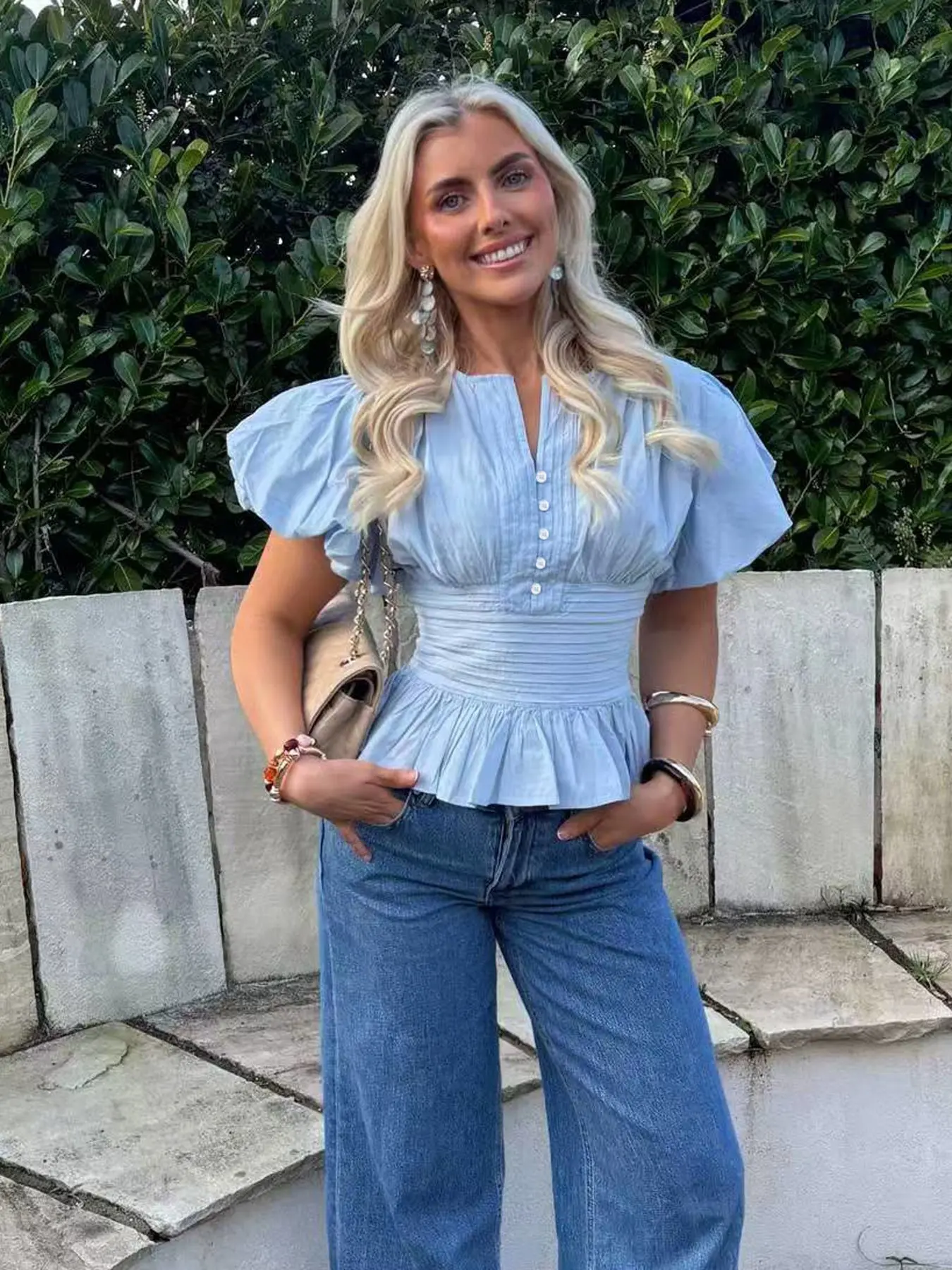 Women's Light Blue Puff Sleeve Peplum Blouse, Front Button Detail, Pleated Chest, Elastic Waist, Ruffled Hem, Soft Breathable Fabric, Coquette Aesthetic, Casual Elegant Ruffle, Slim Fit for Casual Daily Wear and Office, Casual Shirts, Button Closure Top