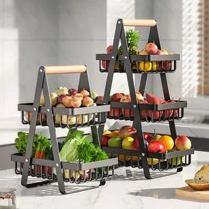 Kitchen Fruit Basket, Detachable Metal Fruit Bowl, Vegetable Storage Rack with Wooden Handle, Portable Food Organizer