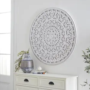 Floral White Wood Handmade Intricately Carved Round Mandala Home Wall Decor