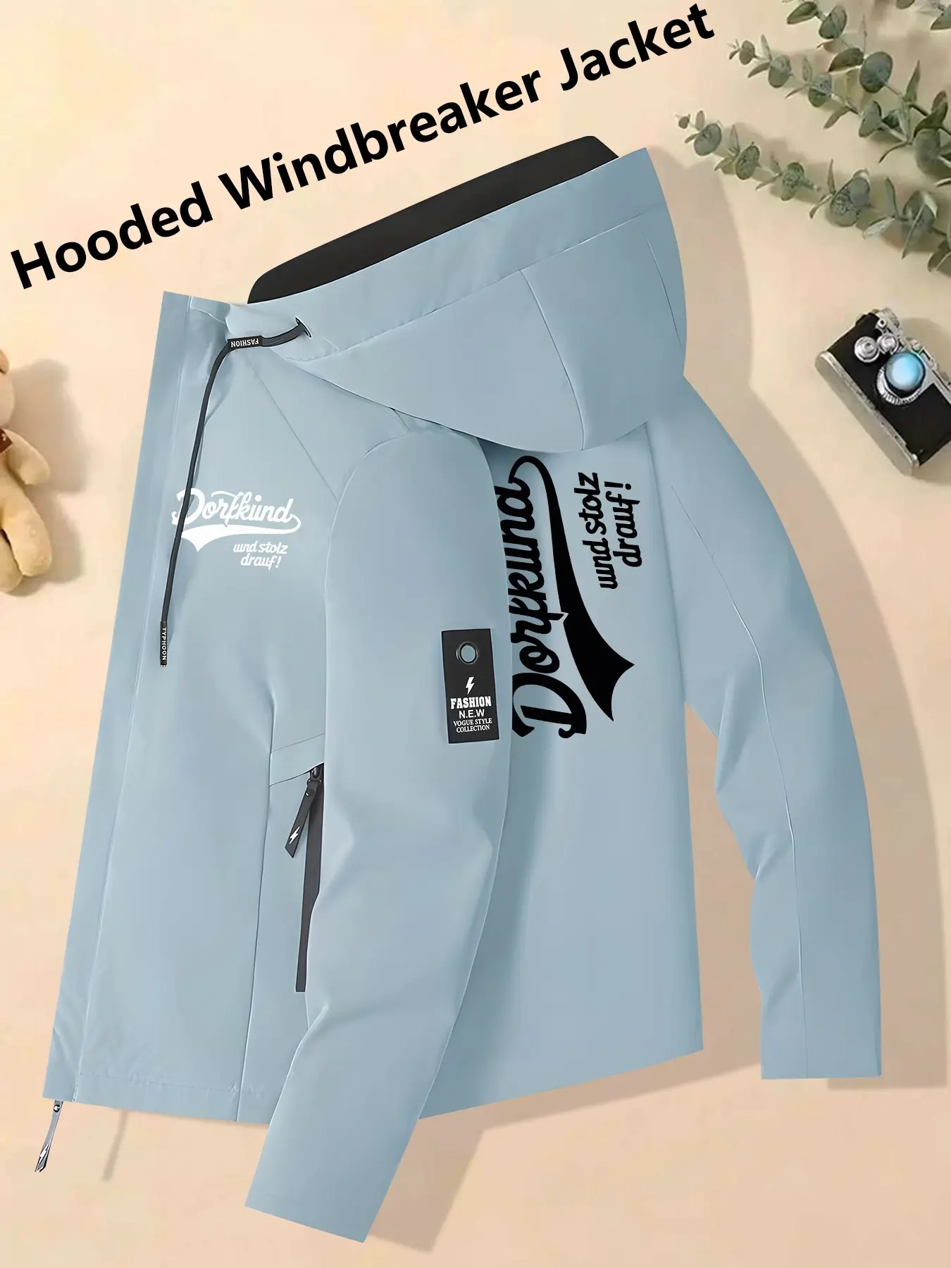 Women's Hooded Windbreaker Jacket Light Blue Dorfkind German Village Slogan Print Windproof Waterproof Breathable Relaxed Loose Fit Skin-Friendly Versatile Outerwear for Casual Style Fans Perfect for Commuting Hiking & Outings