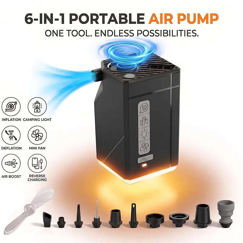 Mini Portable Electric Air Pump - Compact Mini Size Rechargeable USB-Chargeable Fast Inflate-Deflate Tool with LED Camping Light, 5-in-1 Outdoor Camping Portable Tool for Air Mattress, Pool Floats, Charge Via Usb